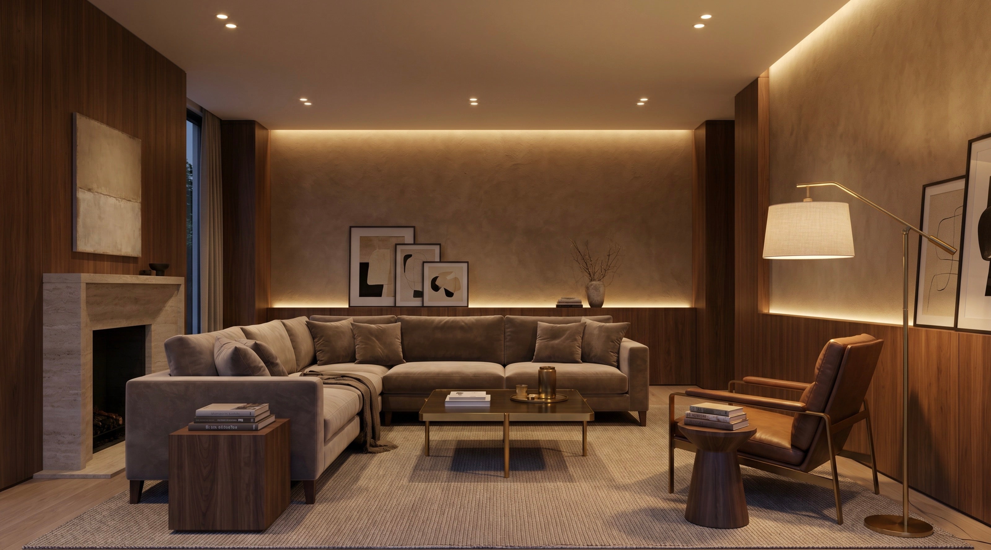 Layered lighting in a living room: ambient, task and accent light working together