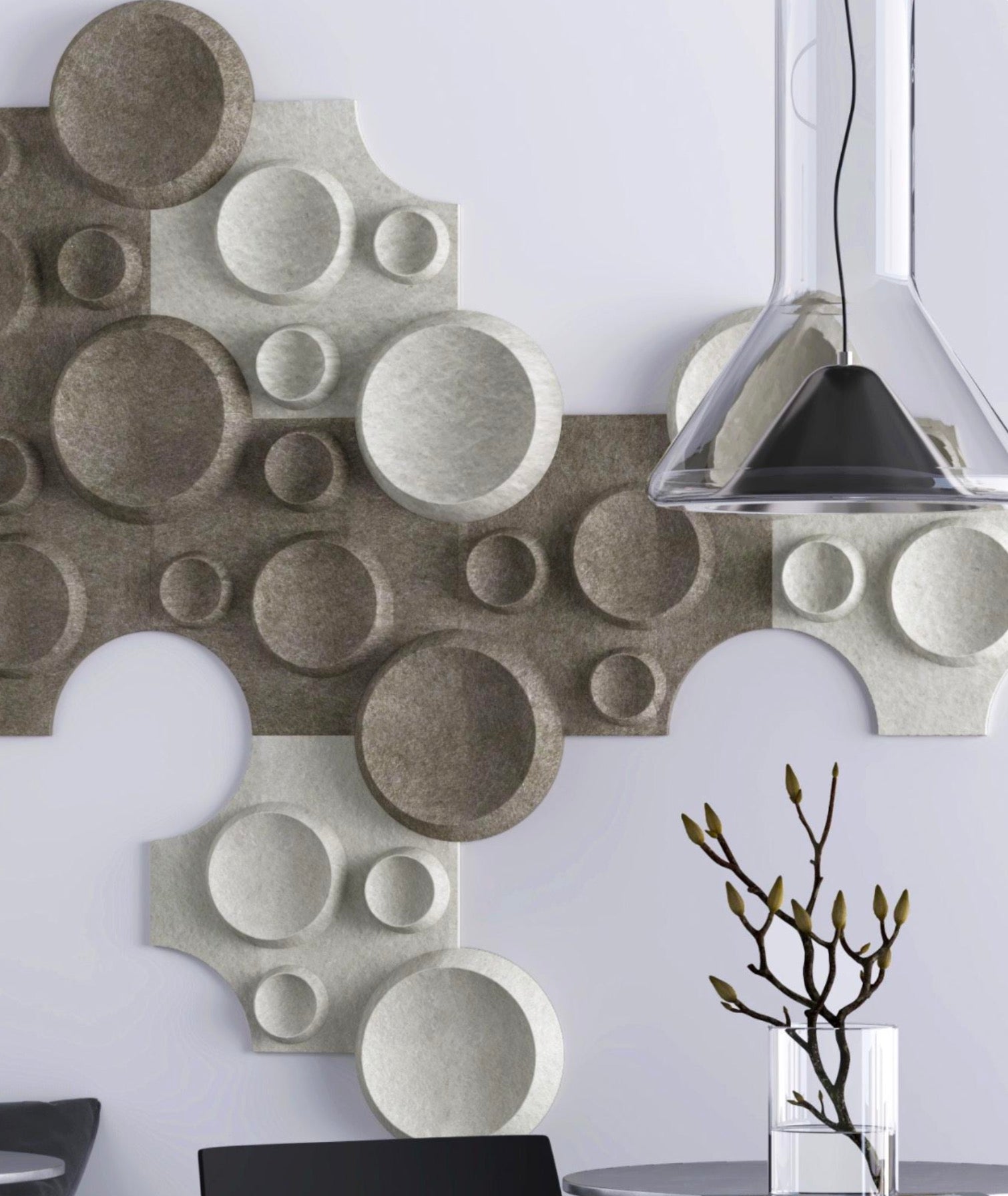 Acoustic slat panels on felt backing as a wall finish in an interior