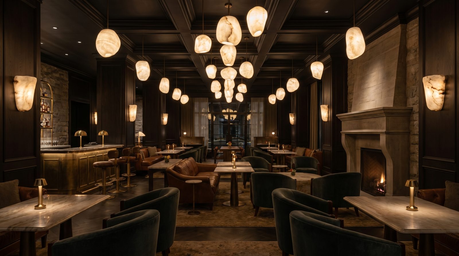 Alabaster pendant lighting glowing warmly in a restaurant interior