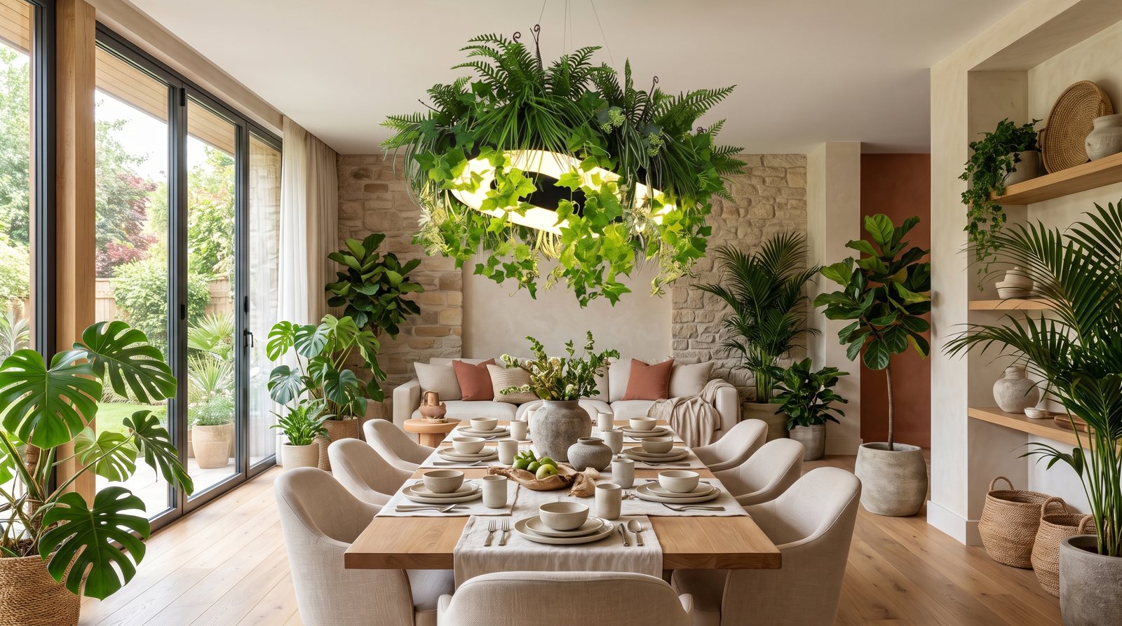 Biophilic interior: greenery, natural materials and warm light