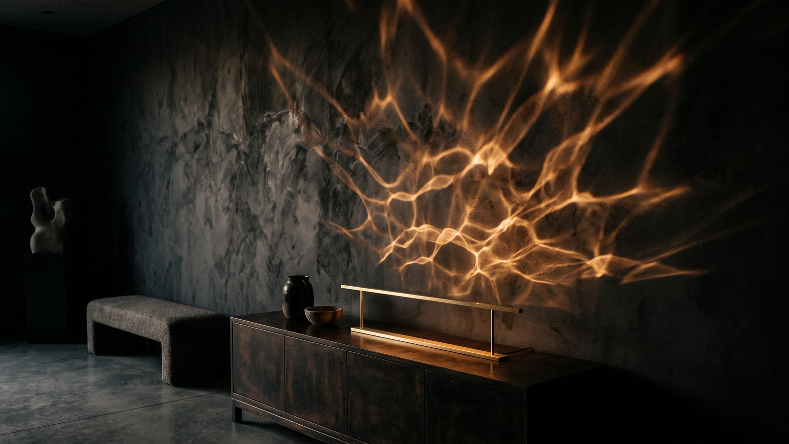 Caustic light patterns across an interior wall — decorative light installation by RODESIGNE