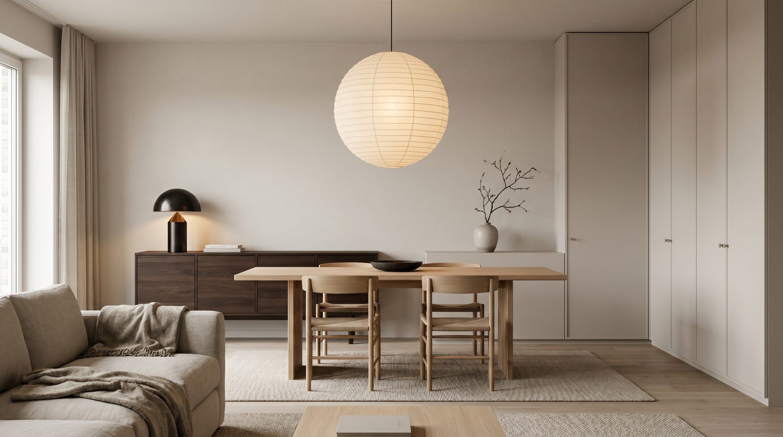 Japandi interior with light neutral walls, low wooden furniture and soft lighting