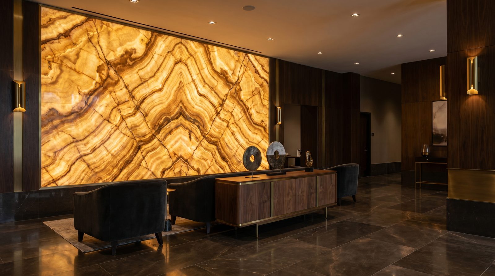 Backlit onyx panel glowing in a luxury interior