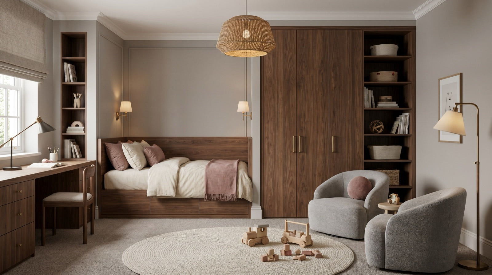 Children's room with clear sleep, study, play and storage zones