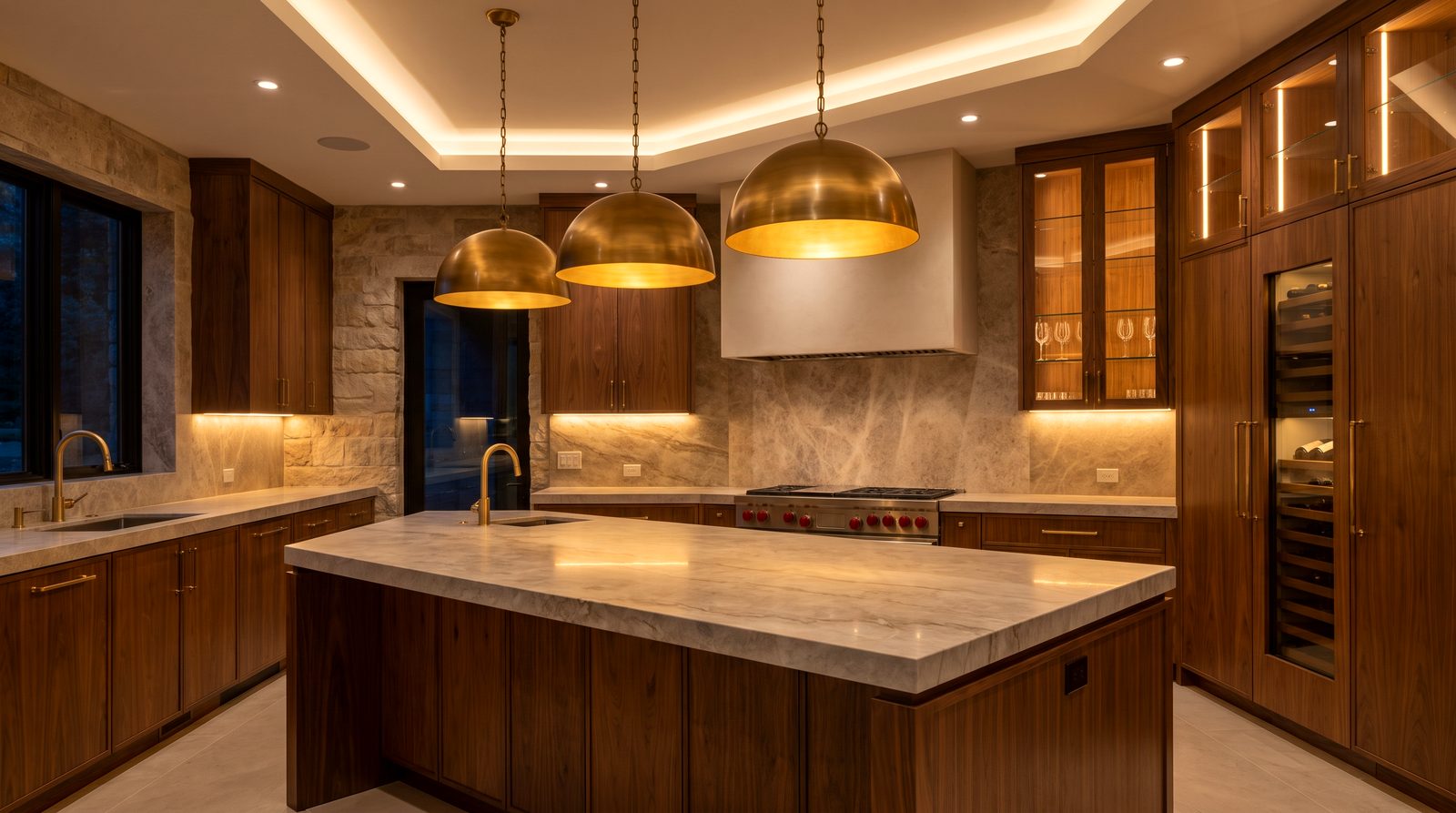 Kitchen lighting in three layers: worktop, island pendants and dining fixture