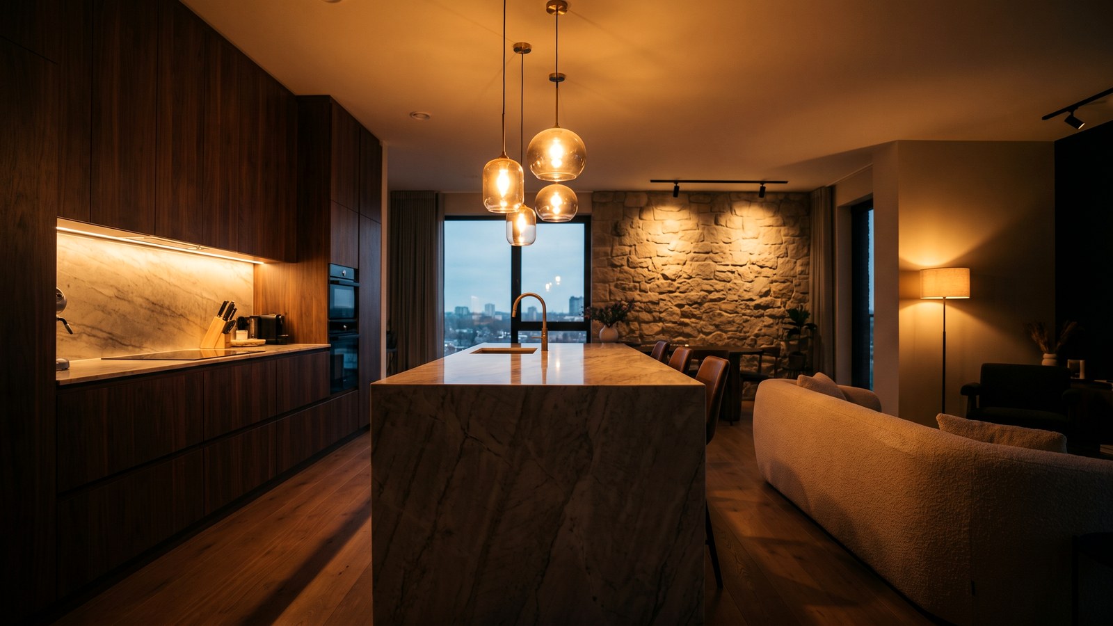 Open-plan kitchen-living room lighting with zones tied together by warm light