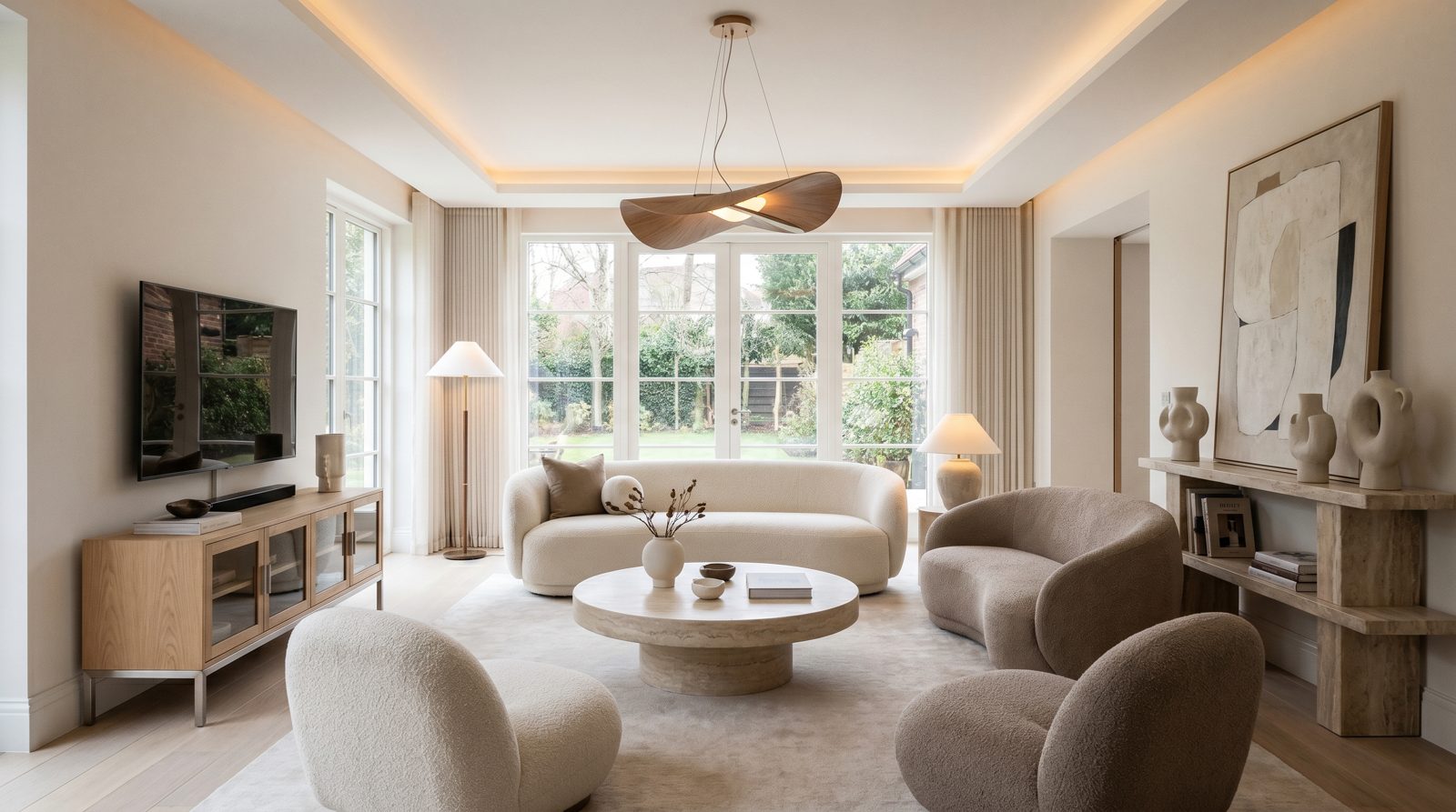 Contemporary living room with a neutral palette and a statement pendant light