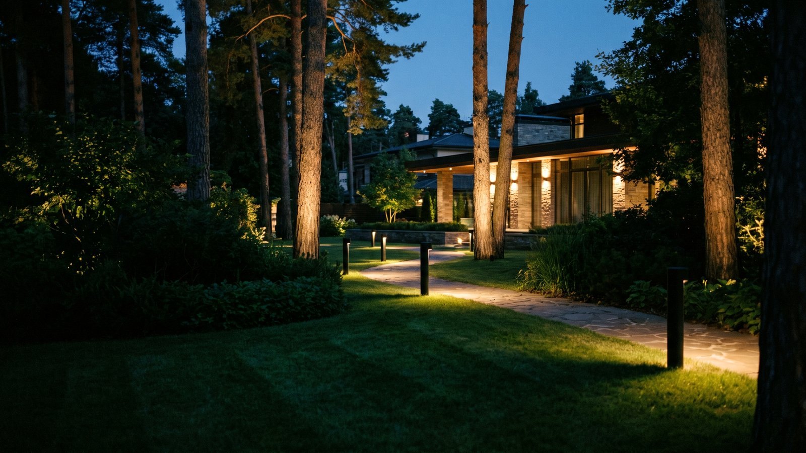 Villa facade lighting at night: architectural techniques with warm light