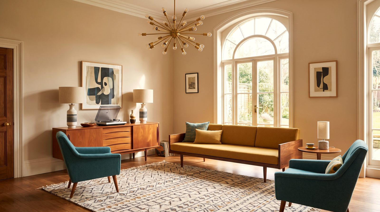Mid-century modern interior: warm wood, clean lines and sculptural lighting
