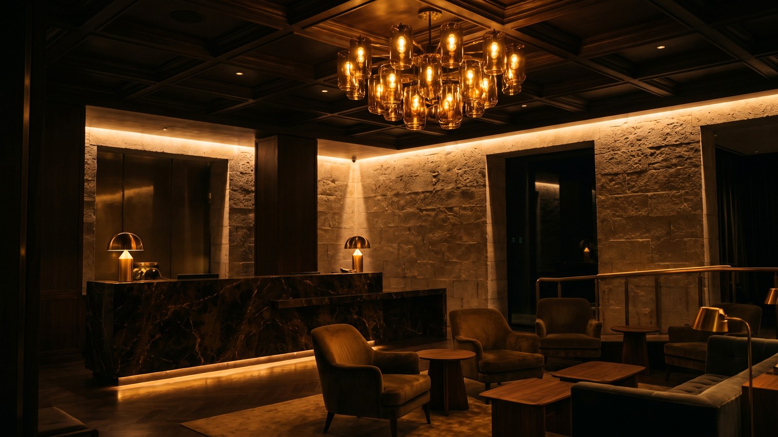 Common-area lighting: hotel lobby, corridors, lift halls and stairs with layered light