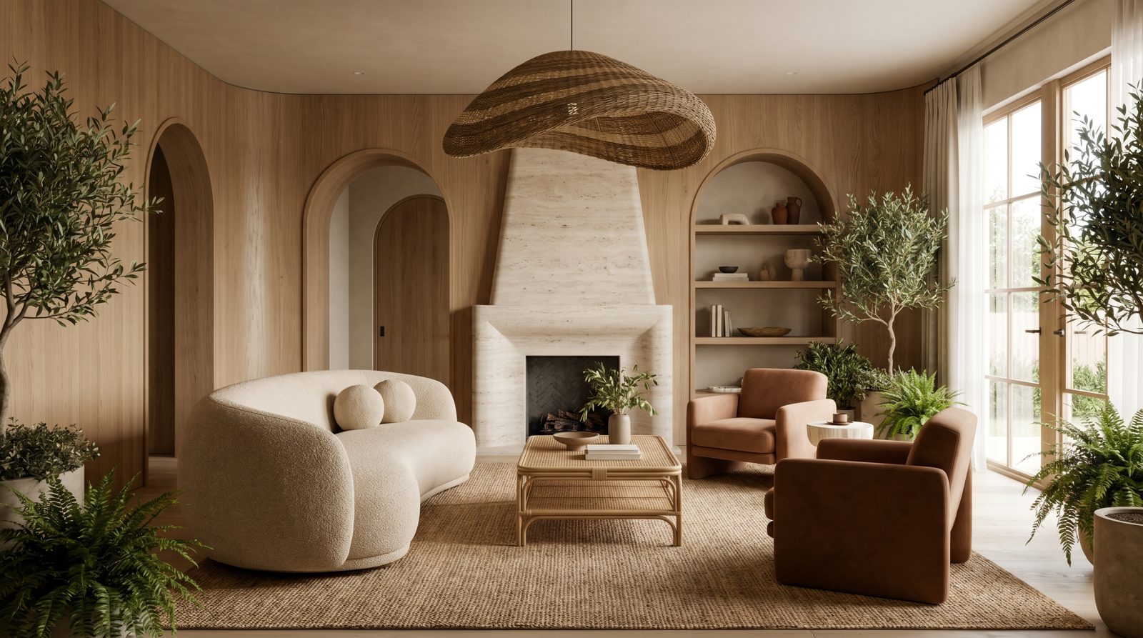 Organic modern living room with curved furniture, natural materials and greenery