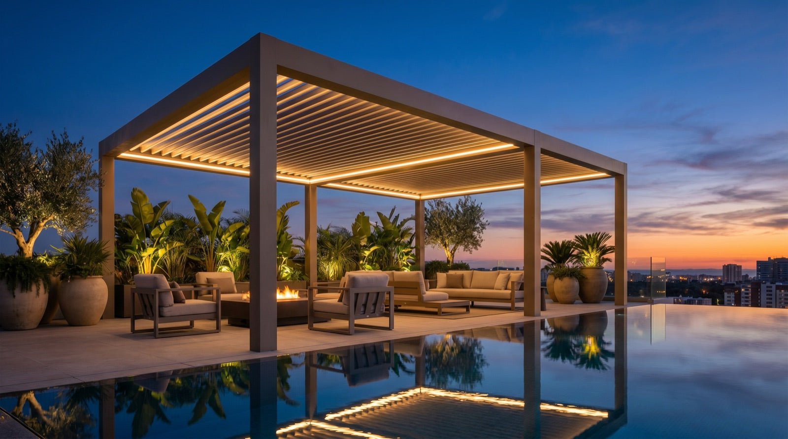 Bioclimatic pergola with adjustable louvre roof over a terrace