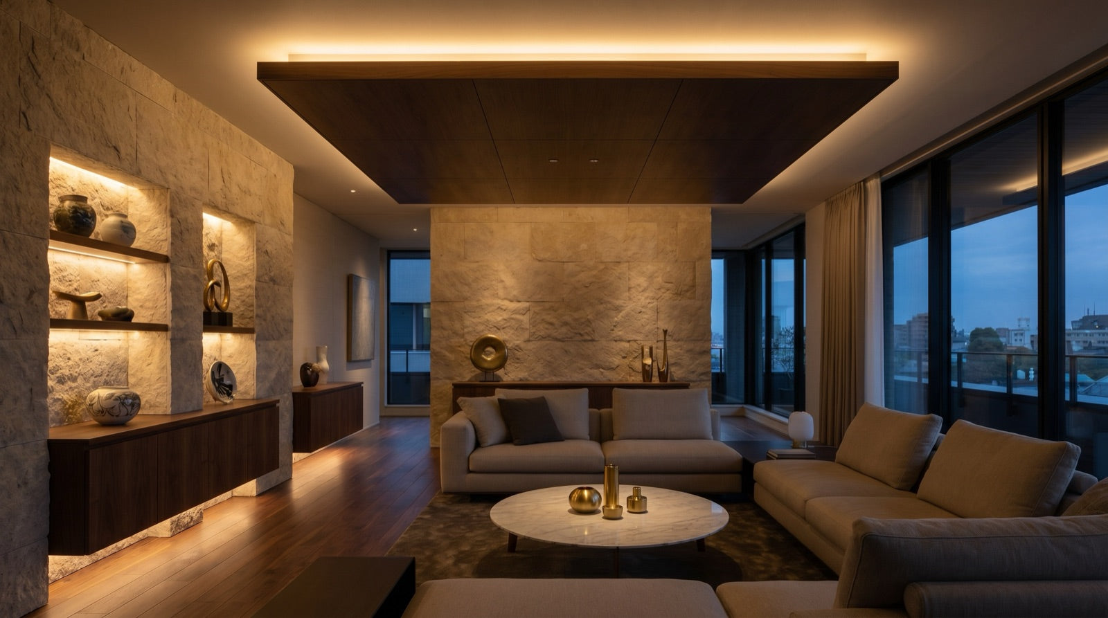 Hidden architectural lighting with a floating ceiling and cove detail