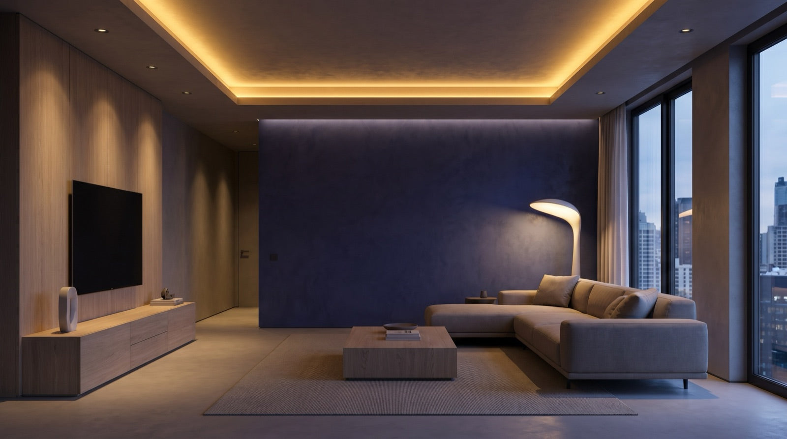Smart lighting scene control in a living room interior