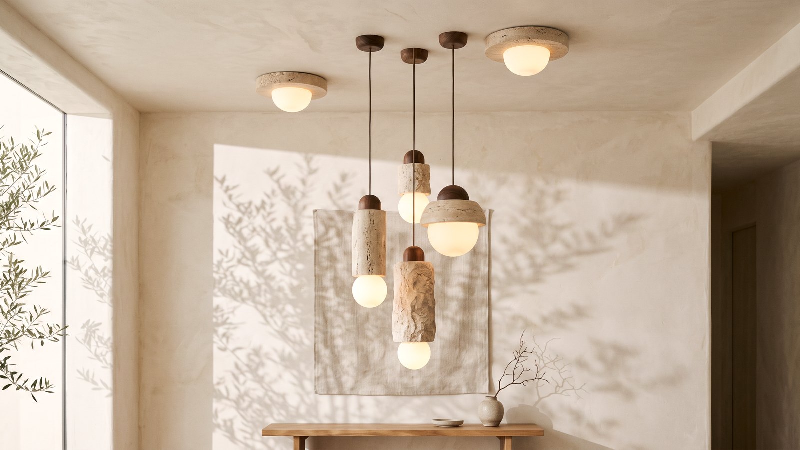 Travertine lighting in a warm modern interior — natural stone light fittings by RODESIGNE