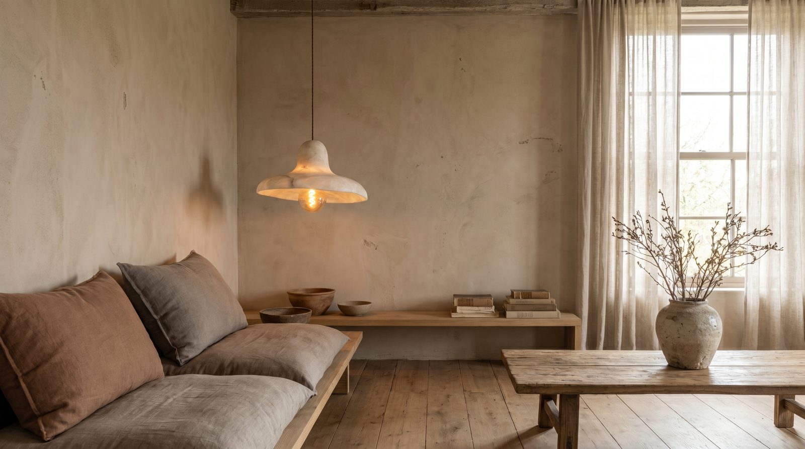 Wabi-sabi interior with natural materials, muted palette and warm diffused light