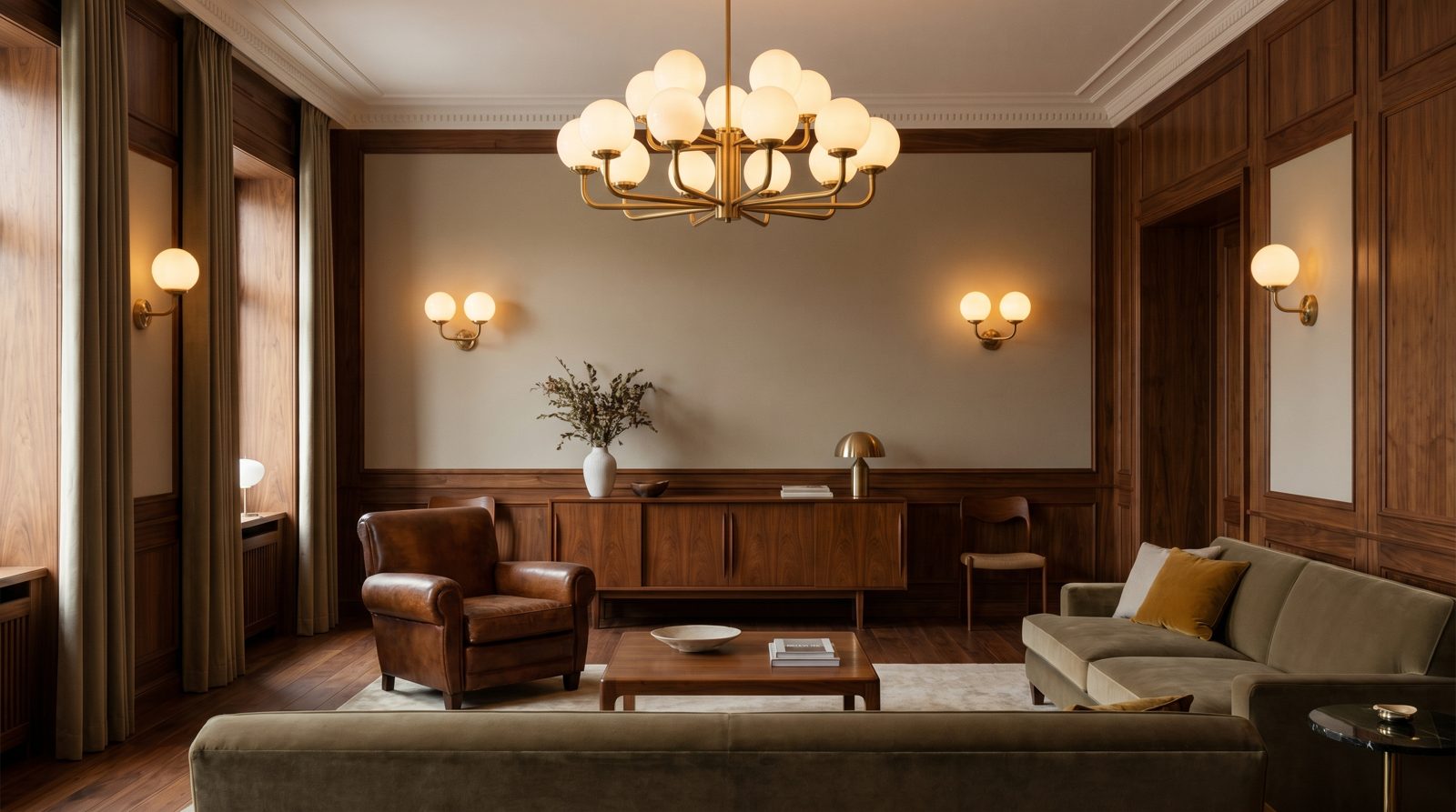 Vintage brass pendant light with opal glass in a modern interior