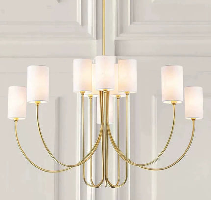 Chandelier ARLETTE by Rodesigne — brass French chandelier with white shades in classic interior