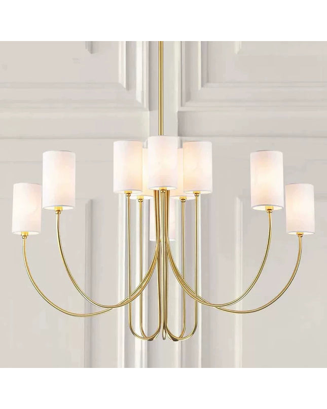 Chandelier ARLETTE by Rodesigne — brass French chandelier with white shades in classic interior